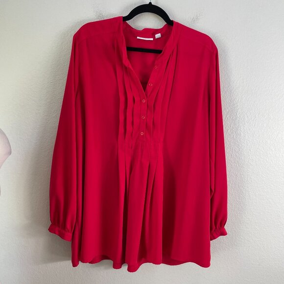 Susan Graver Womens XL Red Long Sleeve Pleated Blouse Button Front Shirt Top - Picture 7 of 9